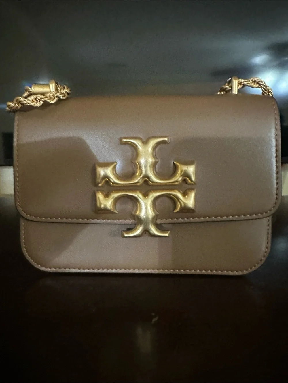 Tory Burch Taupe Leather Crossbody with Gold Logo & Chain